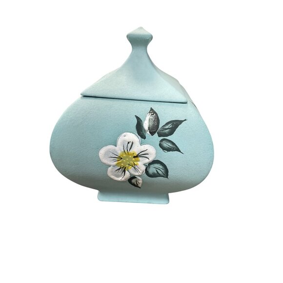 Hand-Painted David Fulmer green white Ceramic Floral Lidded Jar Vase SKU 9312 - Picture 5 of 10